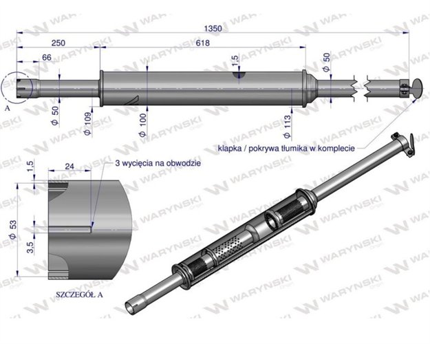 Tłumik 1350mm 5.8kg MF3 (prosty) INOX WARYŃSKI
