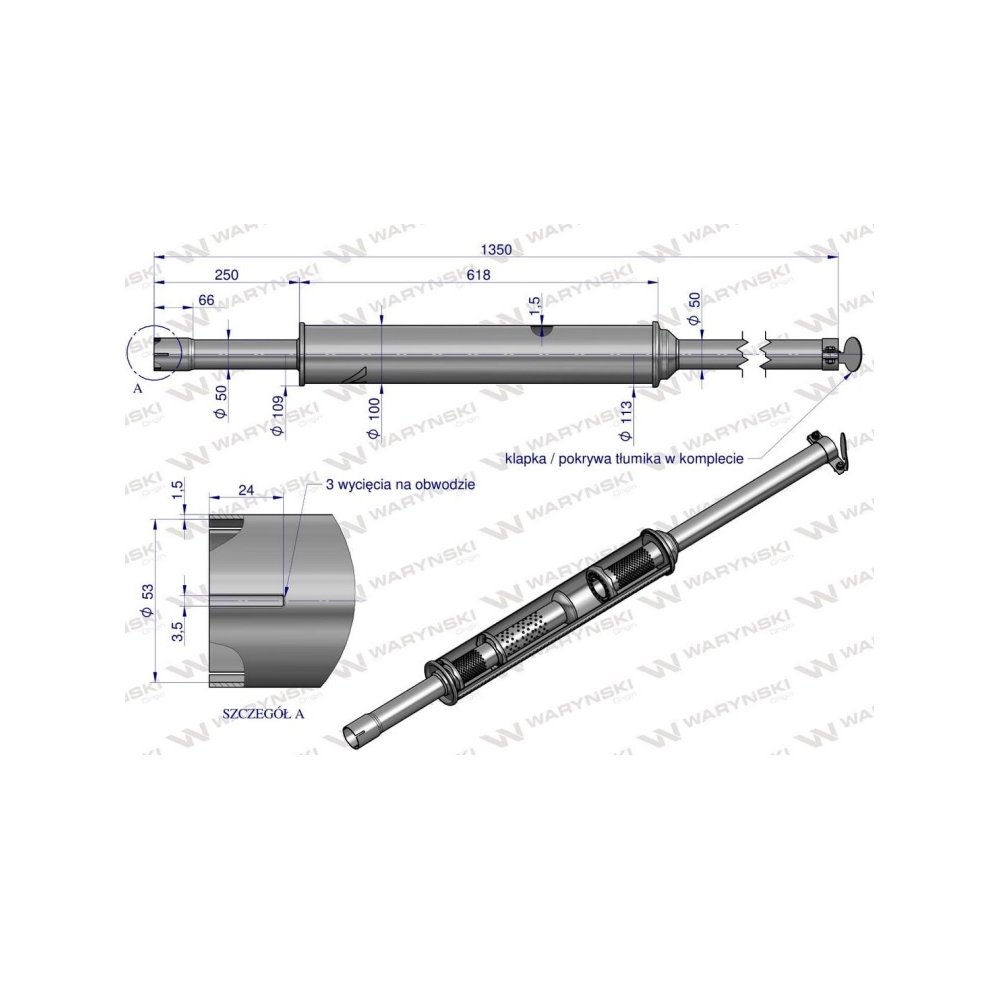 Tłumik 1350mm 5.8kg MF3 (prosty) INOX WARYŃSKI