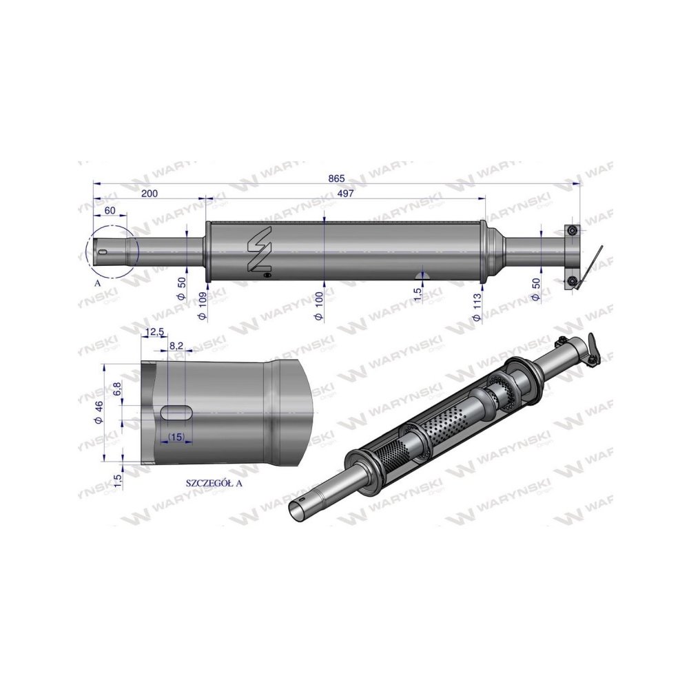 Tłumik okrągły krótki 865mm 4.5kg C-330 (prosty) INOX WARYŃSKI