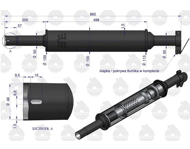 Tłumik okrągły krótki 865 mm 4.5kg C-330 (prosty) ORYGINAŁ URSUS