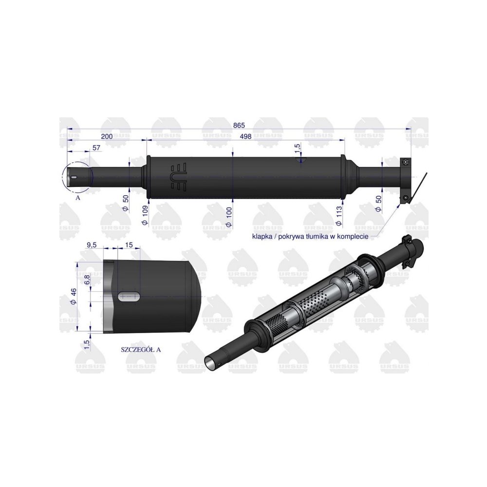 Tłumik okrągły krótki 865 mm 4.5kg C-330 (prosty) ORYGINAŁ URSUS