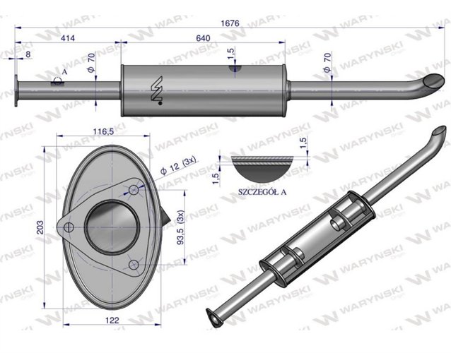 Tłumik TURBO 1676mm 9.8kg C-385 inox gięty wylot Waryński
