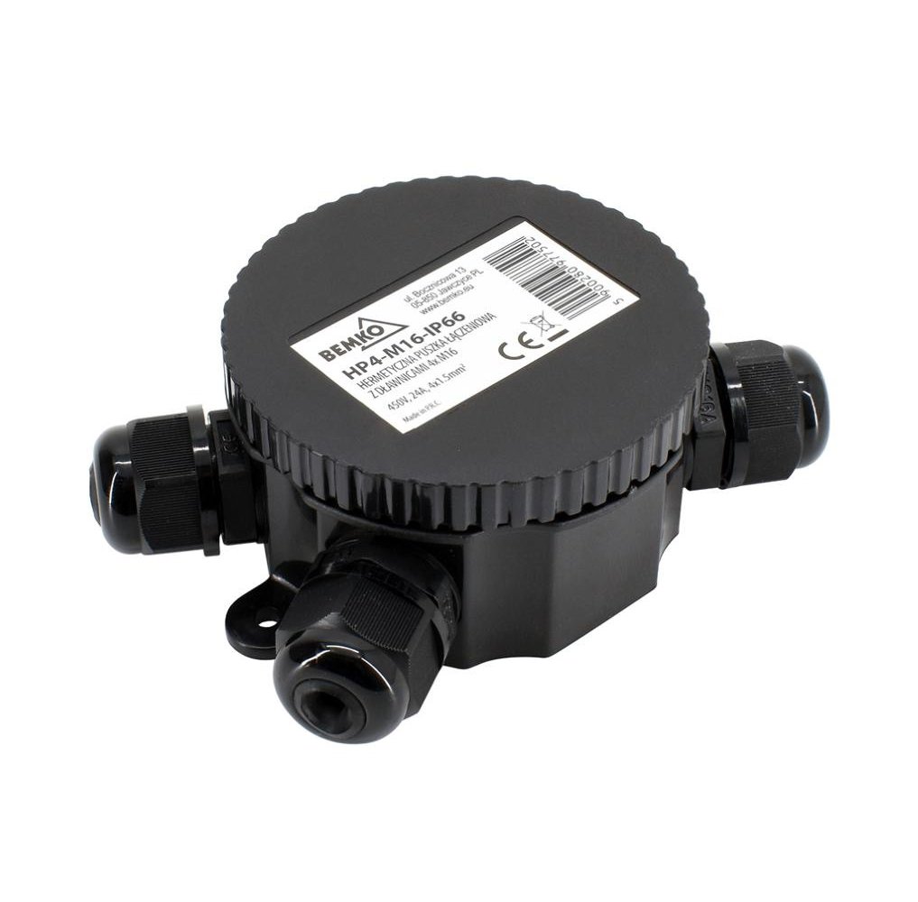 Uniwersalna hermetyczna okrągła zakręcana puszka łączeniowa z dławicami x4 IP66