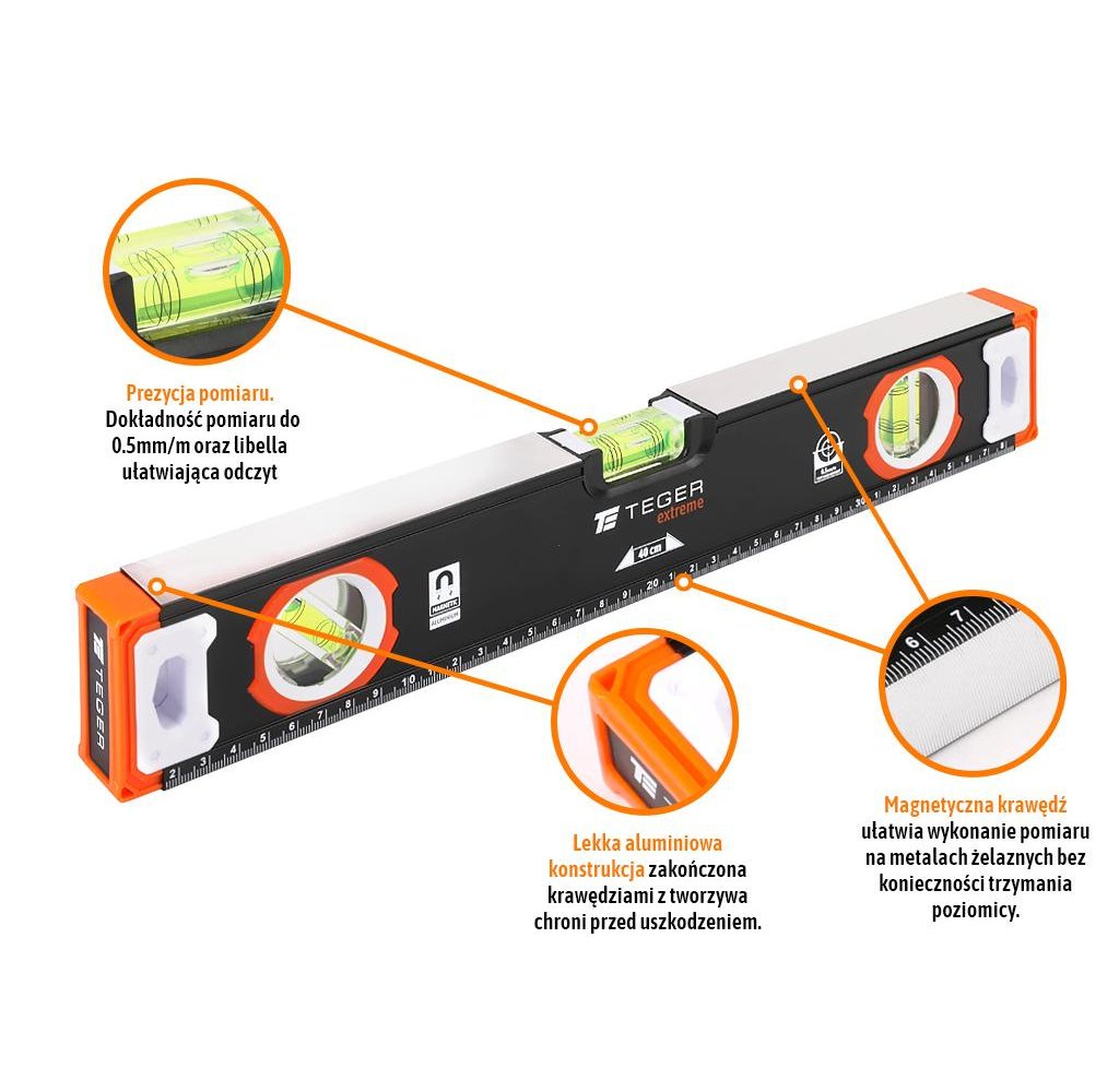 Poziomnica aluminiowa/magnetyczna 40 cm Extreme / TEGER