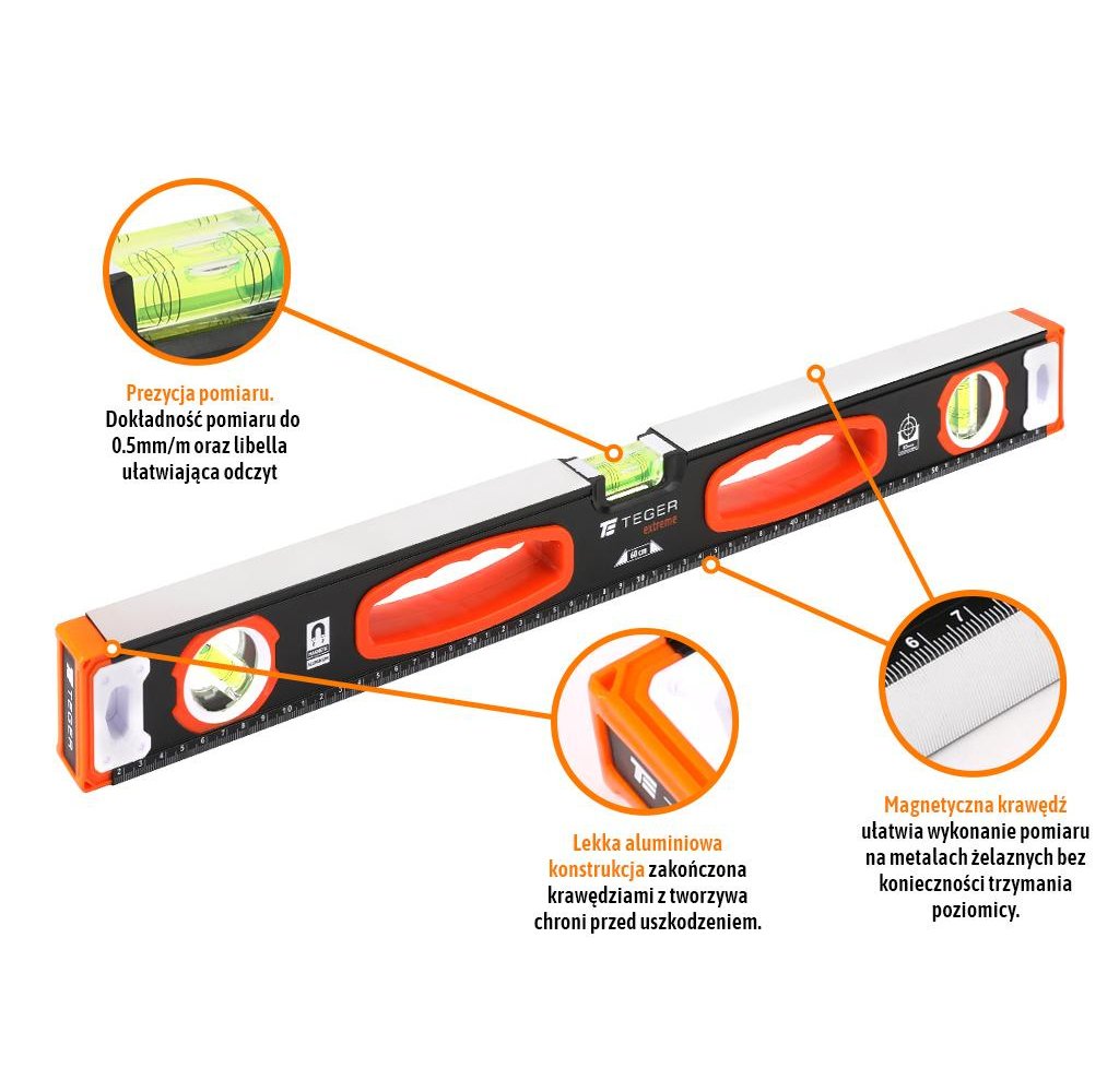 Poziomnica aluminiowa/magnetyczna 60 cm Extreme / TEGER