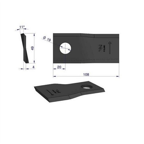 Nóż. nożyk kosiarka lewy 108x47x4mm otwór 19 zastosowanie 1434985 Pottinger WARYŃSKI ( sprzedawane po 25 )