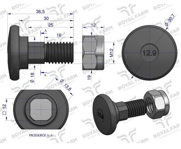 Śruba nożyka kpl. M12x37 zastosowanie Stoll. Vicon ROYAL FARM (sprzedawane po 10)