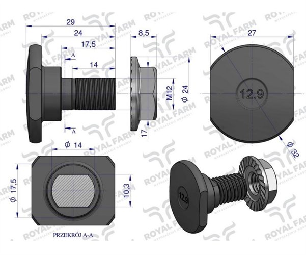 Śruba nożyka kpl. M12x29 zastosowanie Claas ROYAL FARM 1432290 001377266 (sprzedawane po 10)