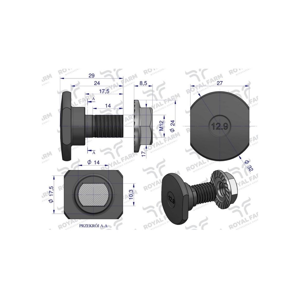 Śruba nożyka kpl. M12x29 zastosowanie Claas ROYAL FARM 1432290 001377266 (sprzedawane po 10)