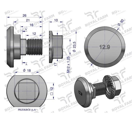 Śruba nożyka kpl. M12x26 zastosowanie Fella ROYAL FARM 426887 (sprzedawane po 10)