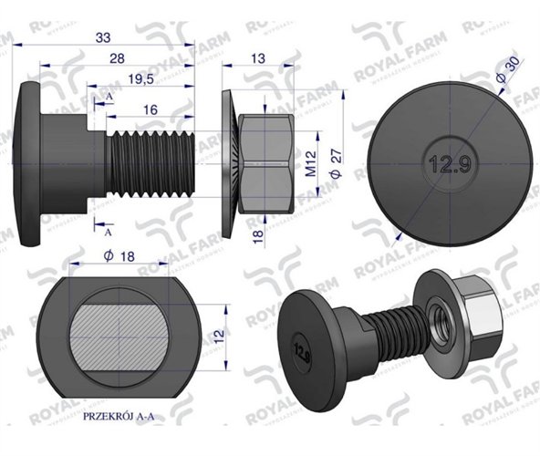 Śruba nożyka kpl. M12x33 zastosowanie Kuhn ROYAL FARM (sprzedawane po 10)