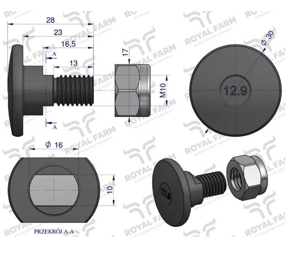 Śruba nożyka kpl. M10x28 zastosowanie Kuhn ROYAL FARM (sprzedawane po 10)