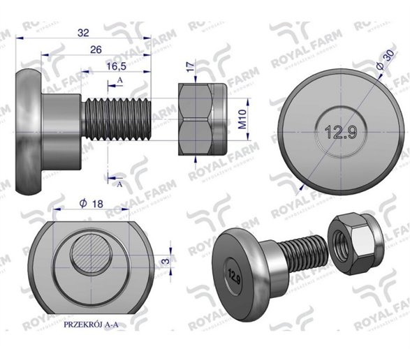 Śruba nożyka kpl. M10x32 zastosowanie Deutz Fahr. Vicon ROYAL FARM (sprzedawane po 10)