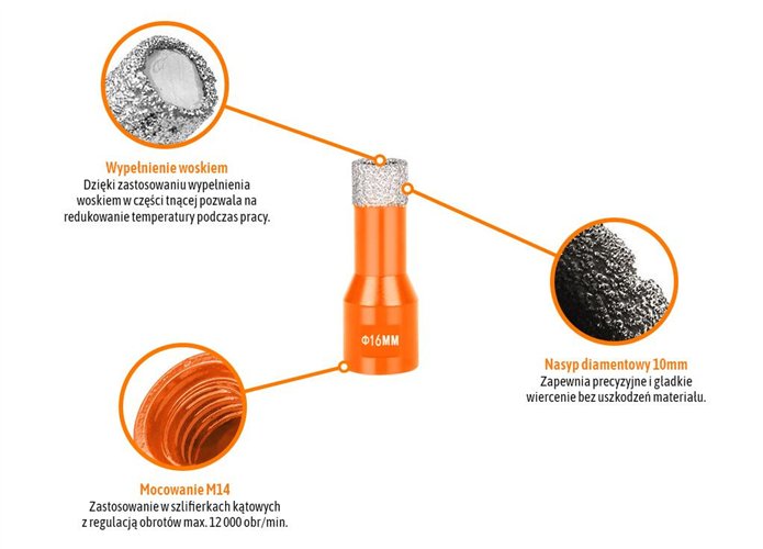 Otwornica diamentowa z uchwytem M14/16 mm / TEGER