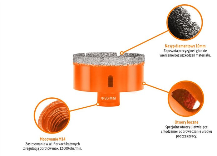 Otwornica diamentowa z uchwytem M14/85 mm / TEGER