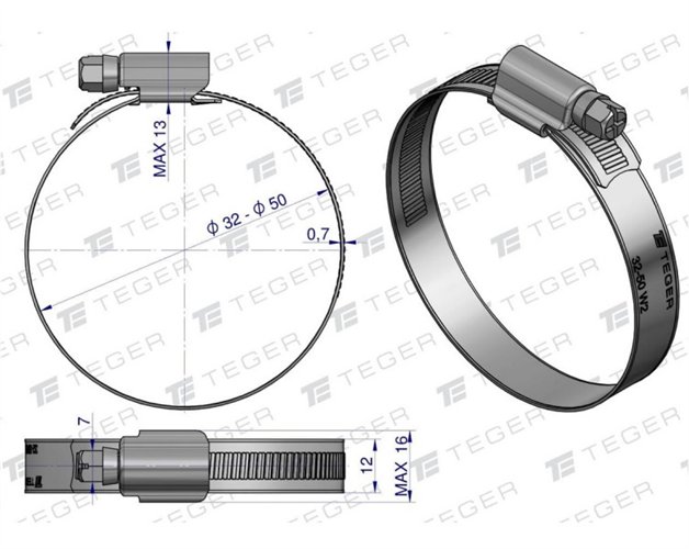 Opaska zaciskowa wzmocniona 32-50 ślimakowa (obejma W2 - stal nierdzewna) szerkość 12mm TEGER, (sprzedawane po 50)