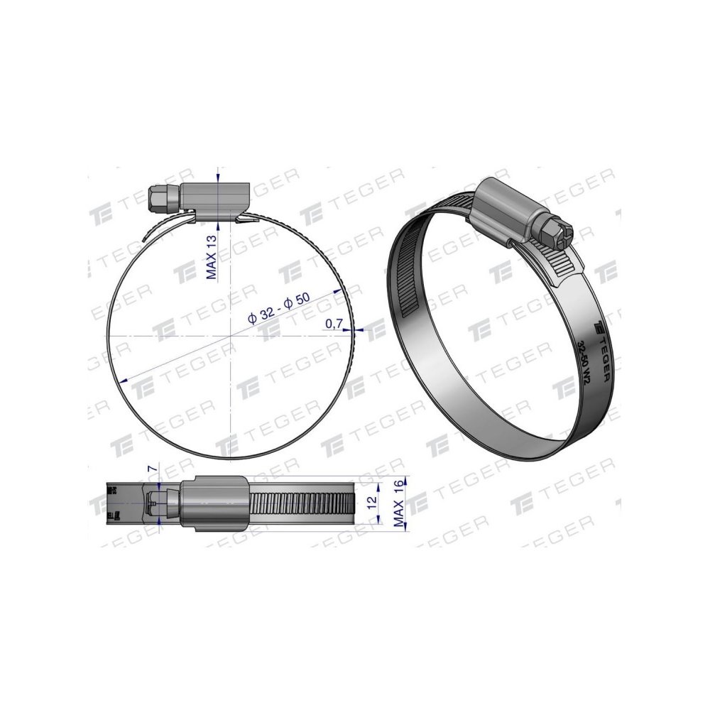 Opaska zaciskowa wzmocniona 32-50 ślimakowa (obejma W2 - stal nierdzewna) szerkość 12mm TEGER, (sprzedawane po 50)