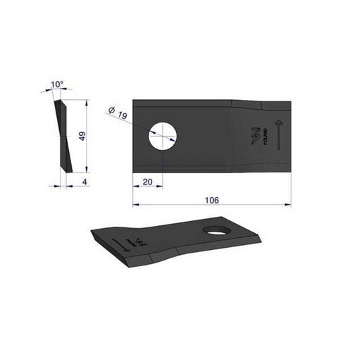 Nóż. nożyk kosiarka lewy 106x48x4mm otwór 19 zastosowanie 122329 Fella WARYŃSKI ( sprzedawane po 25 )