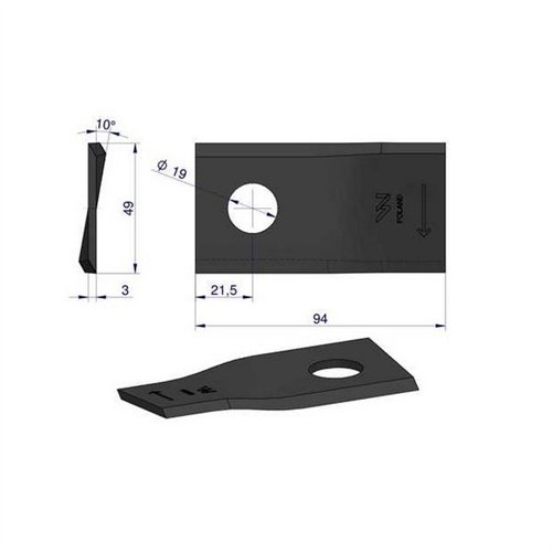 Nóż. nożyk kosiarka prawy 94x48x3mm otwór 19 zastosowanie 570410 Niemeyer Kverneland WARYŃSKI ( sprzedawane po 25 )