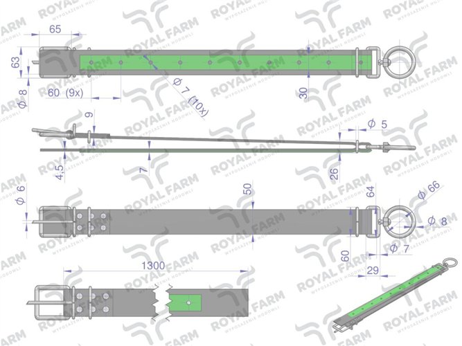Obroża szeroka, 130 cm x 5 cm z okrętką 8 mm, KROWA, Royal Farm