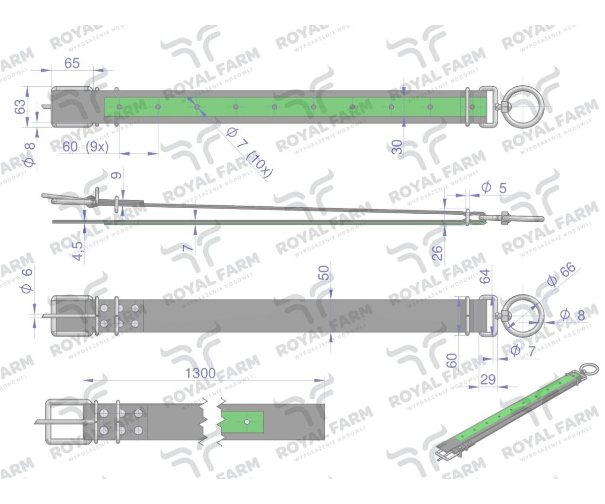 Obroża szeroka, 130 cm x 5 cm z okrętką 8 mm, KROWA, Royal Farm