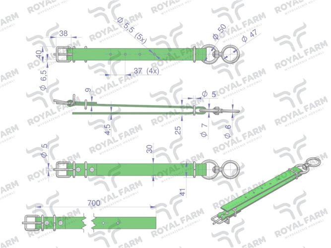 Obroża wąska, 70 cm x 3 cm z okrętką , Royal Farm