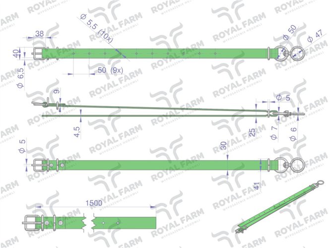 Obroża wąska, 150 cm x 3 cm z okrętką , Royal Farm
