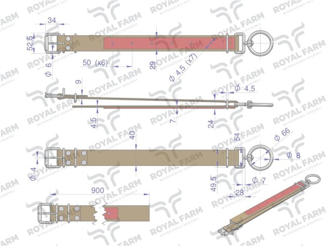 Obroża, 90 cm x 4 cm z okrętką 8 mm i rolką na klamrze, Royal Farm