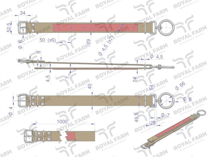 Obroża, 100 cm x 4 cm z okrętką 8 mm i rolką na klamrze, Royal Farm