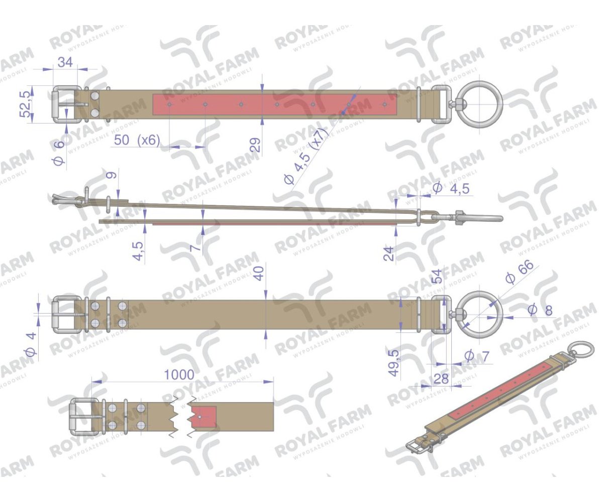 Obroża, 100 cm x 4 cm z okrętką 8 mm i rolką na klamrze, Royal Farm