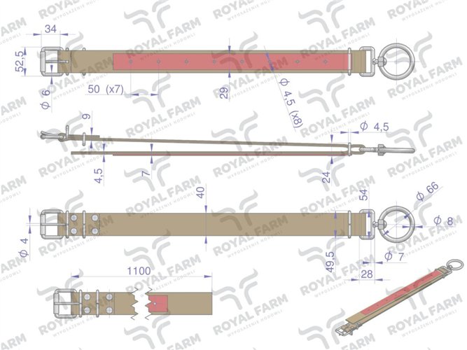 Obroża, 110 cm x 4 cm z okrętką 8 mm i rolką na klamrze, Royal Farm