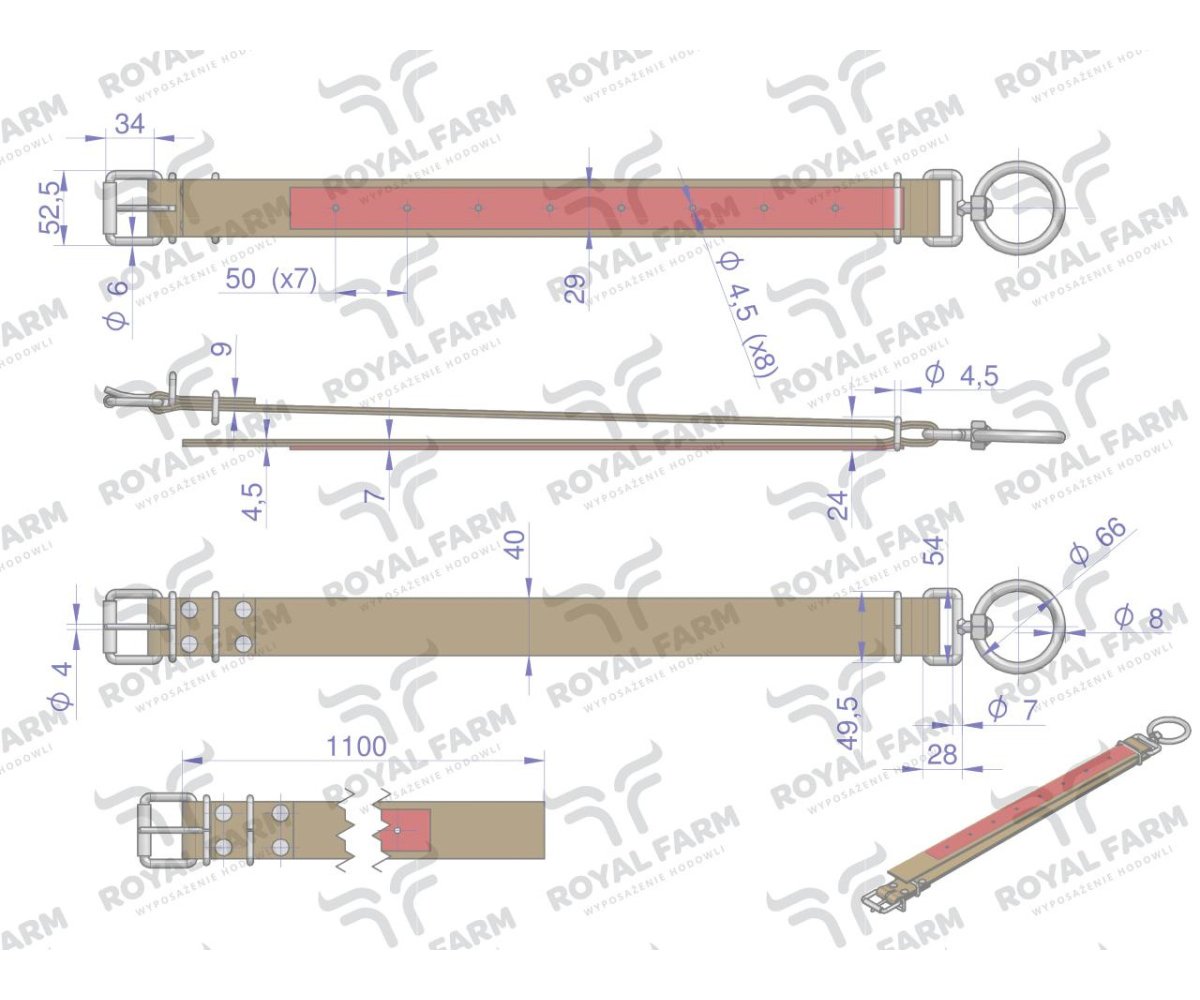 Obroża, 110 cm x 4 cm z okrętką 8 mm i rolką na klamrze, Royal Farm