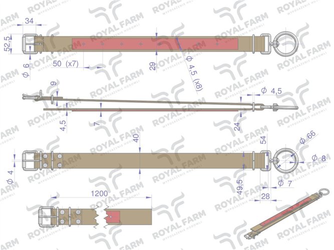 Obroża, 120 cm x 4 cm z okrętką 8 mm i rolką na klamrze, Royal Farm