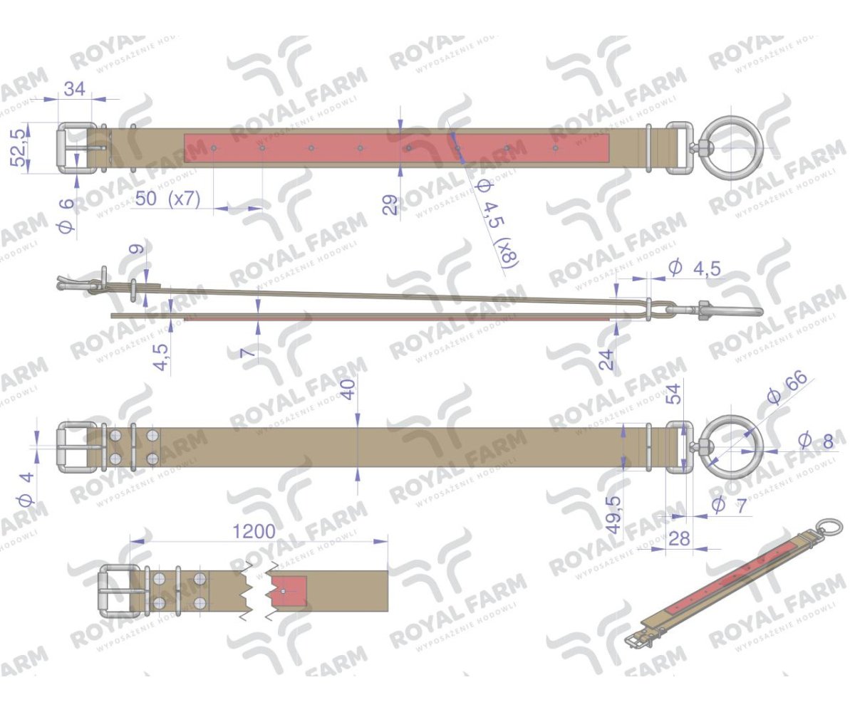 Obroża, 120 cm x 4 cm z okrętką 8 mm i rolką na klamrze, Royal Farm