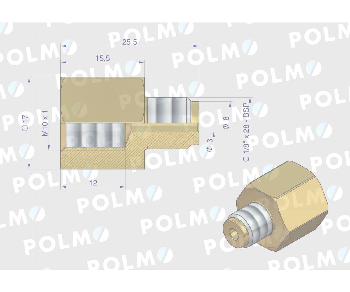 Złączka manometryczna gwint zewnętrzny G1/8" x gwint wewnętrzny M10x1 (mosiądz) POLMO