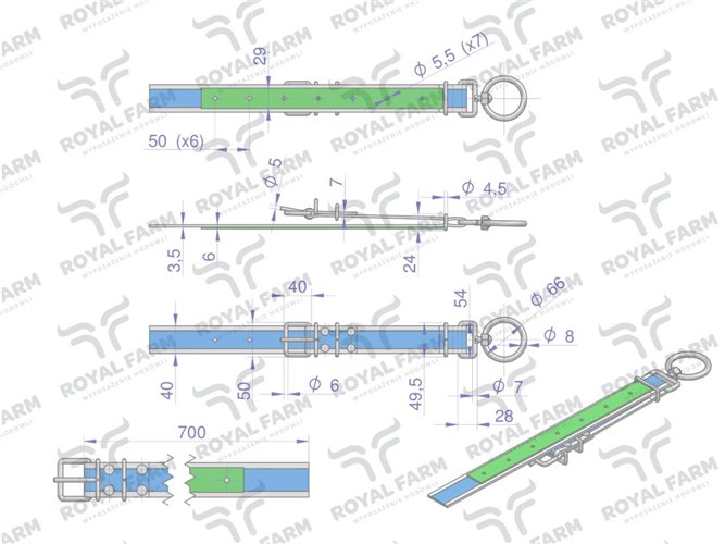 Obroża dla cieląt, 70 cm x 4 cm z okrętką 8mm, Royal Farm