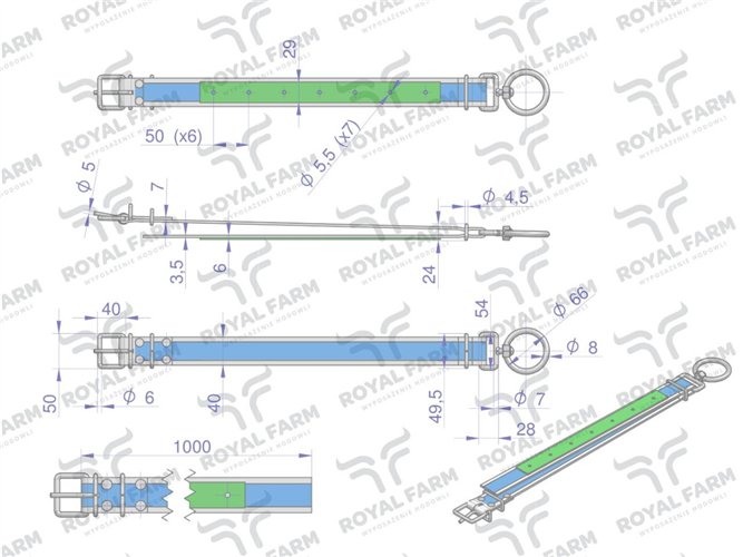 Obroża dla cieląt, 100 cm x 4 cm z okrętką 8mm, Royal Farm