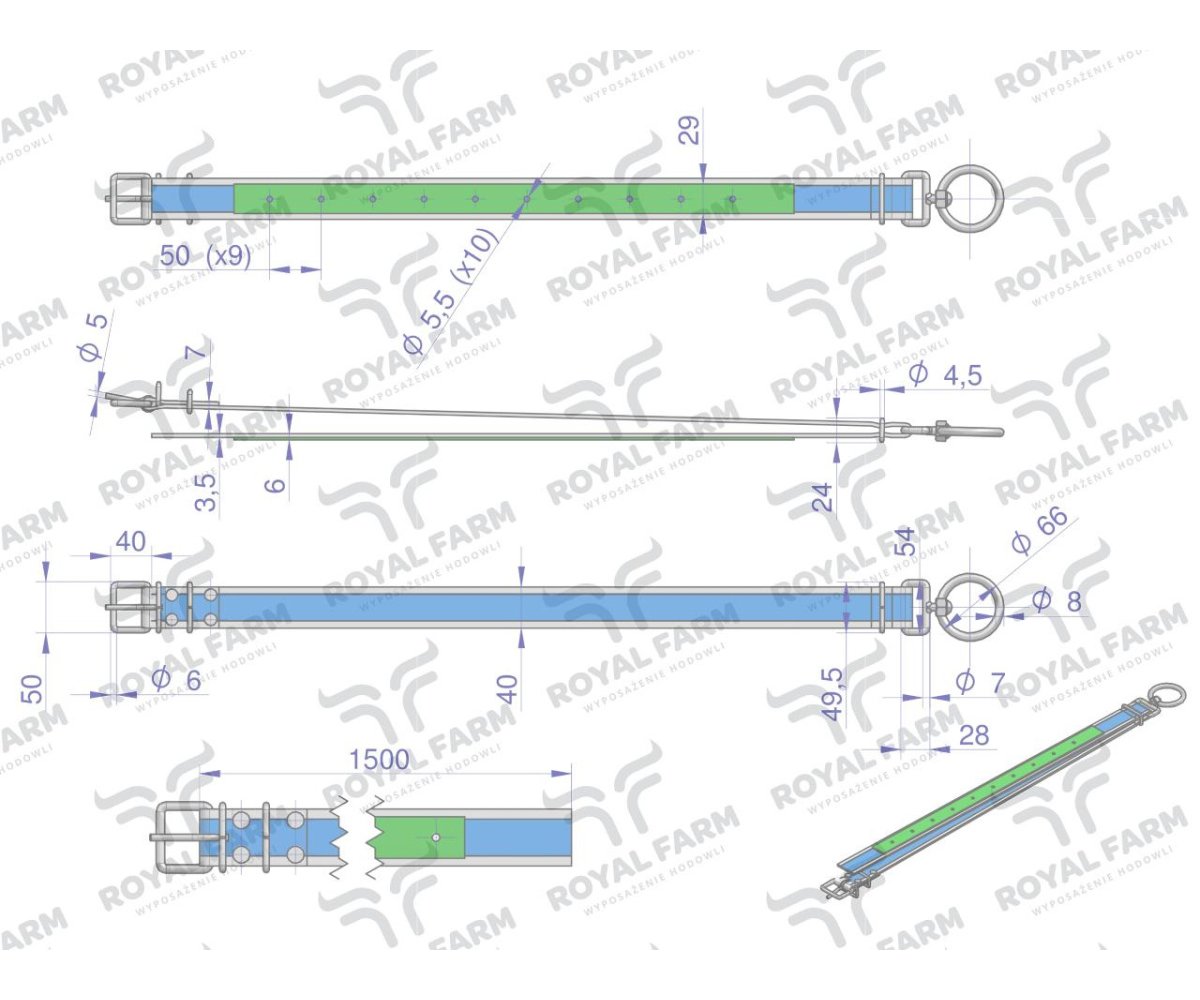 Obroża dla cieląt, 150 cm x 4 cm z okrętką 8mm, Royal Farm