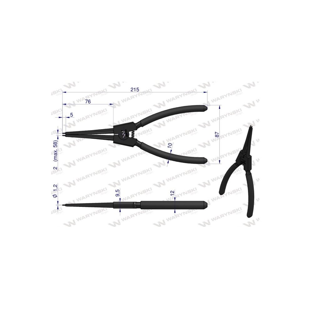 Specjalistyczne szczypce z długimi szczękami do pierścieni osadczych 8" zewnętrzne proste Waryński