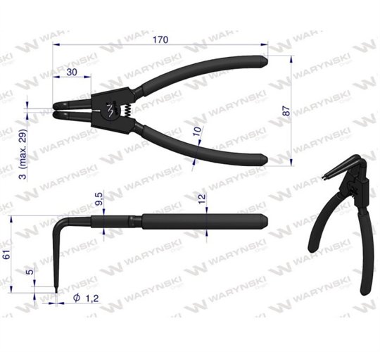Specjalistyczne szczypce z długimi szczękami do pierścieni osadczych 8" zewnętrzne wygięte Waryński