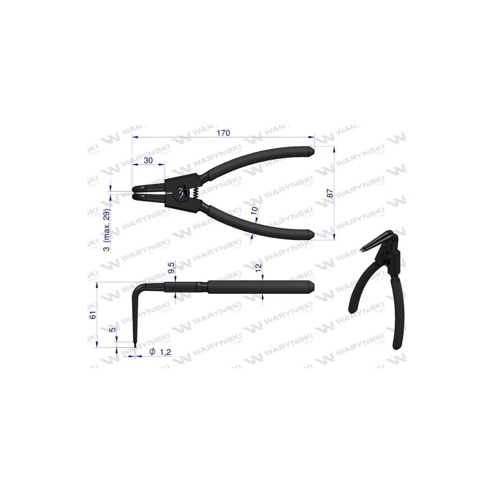 Specjalistyczne szczypce z długimi szczękami do pierścieni osadczych 8" zewnętrzne wygięte Waryński