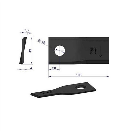 Nóż. nożyk kosiarka prawy 108x47x4mm otwór 19 zastosowanie 1434986 Pottinger WARYŃSKI ( sprzedawane po 25 )