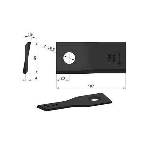 Nóż. nożyk kosiarka prawy 107x48x4mm otwór 18.5 zastosowanie 90261560 99361560 Vicon WARYŃSKI ( sprzedawane po 25 )