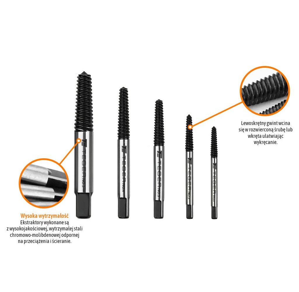Zestaw wykrętaków do uszkodzonych śrub z pokrętłem 6 szt / TEGER
