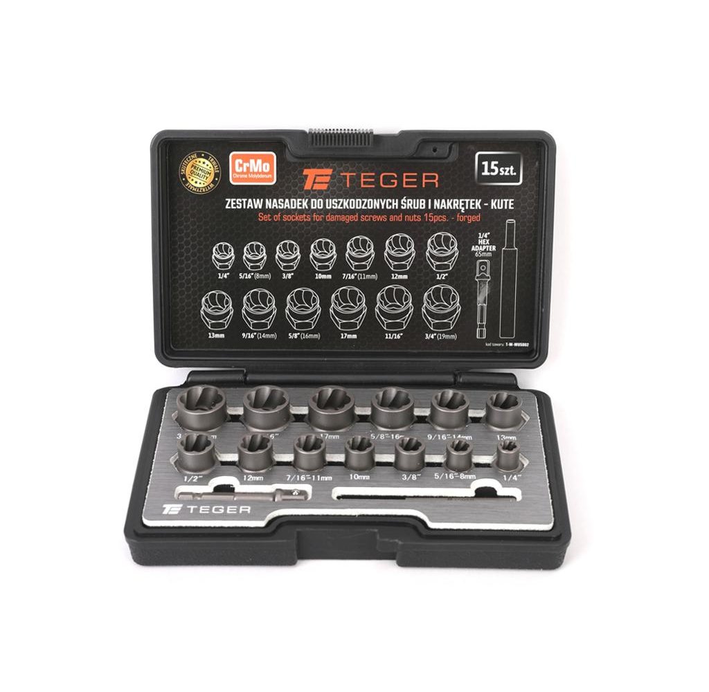 Zestaw nasadek do uszkodzonych śrub i nakrętek 15 szt - kute/ stal Cr-Mo / TEGER