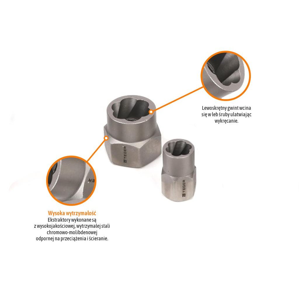 Zestaw nasadek do uszkodzonych śrub i nakrętek 15 szt - kute/ stal Cr-Mo / TEGER