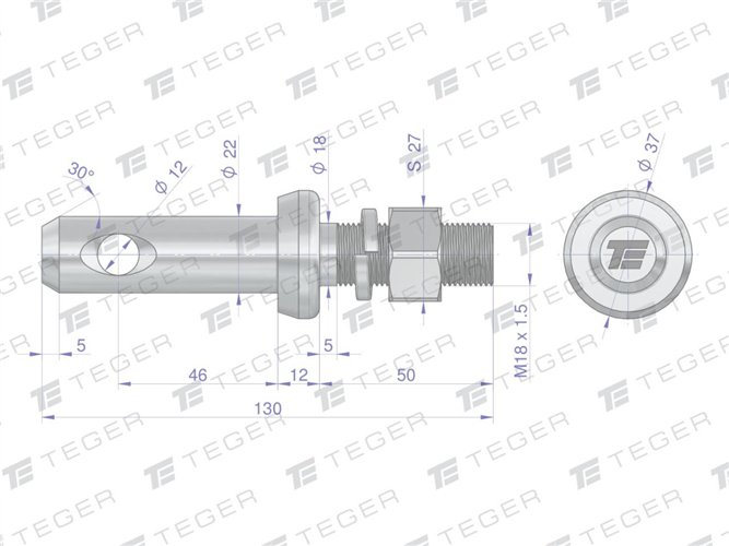 Sworzeń z gwintem T-SG22461845130 fi 22/46 mm M18x1.5/45 mm 130 mm TEGER