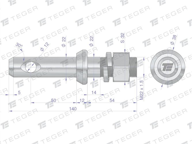 Sworzeń z gwintem T-SG22502240140 fi 22/50 mm M22x1.5/40 mm 140 mm TEGER