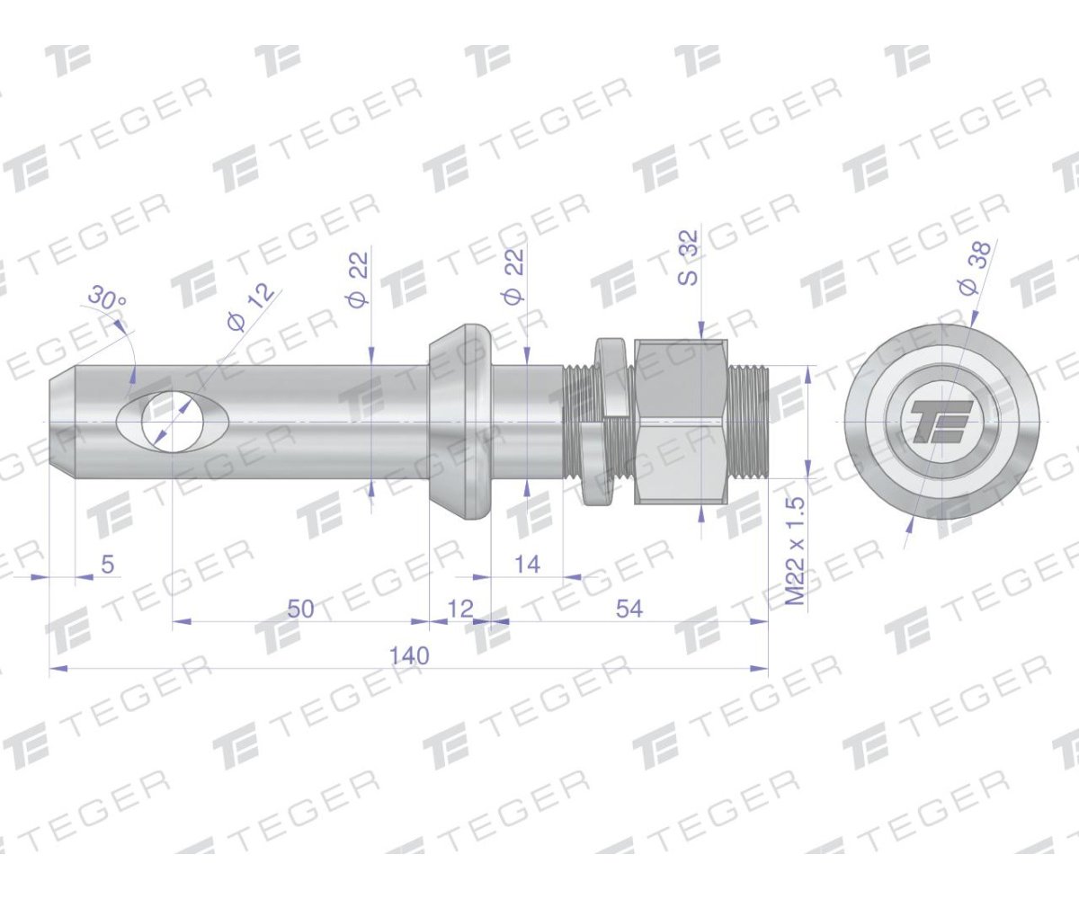 Sworzeń z gwintem T-SG22502240140 fi 22/50 mm M22x1.5/40 mm 140 mm TEGER