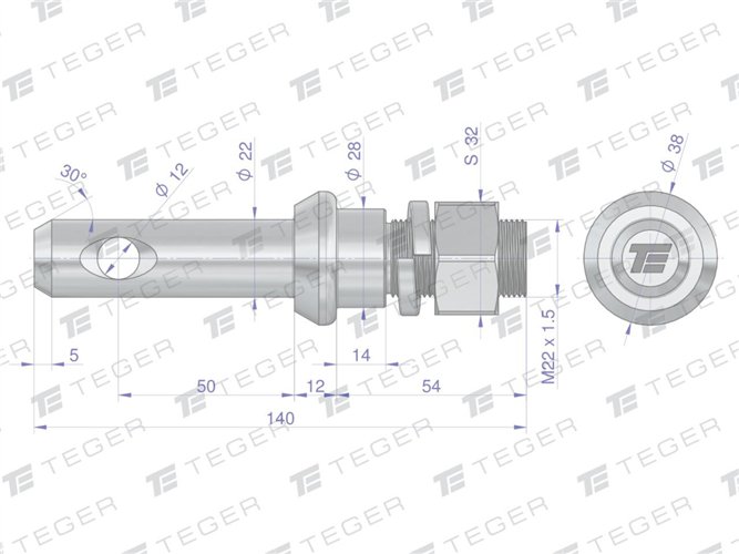 Sworzeń z gwintem T-SG22502240140.1 fi 22/50 mm M22x1.5/40 mm 140 mm TEGER